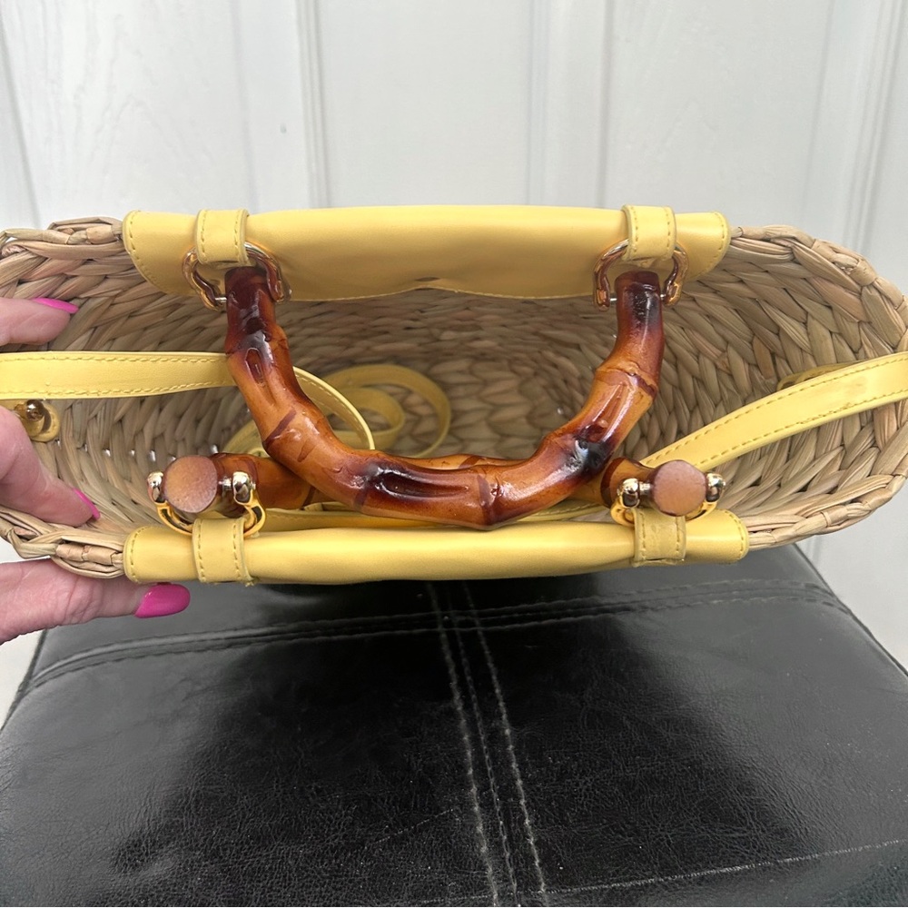 Yellow and Tan Straw Woven Bamboo Handle/Crossbody Bag - Picture 6 of 11
